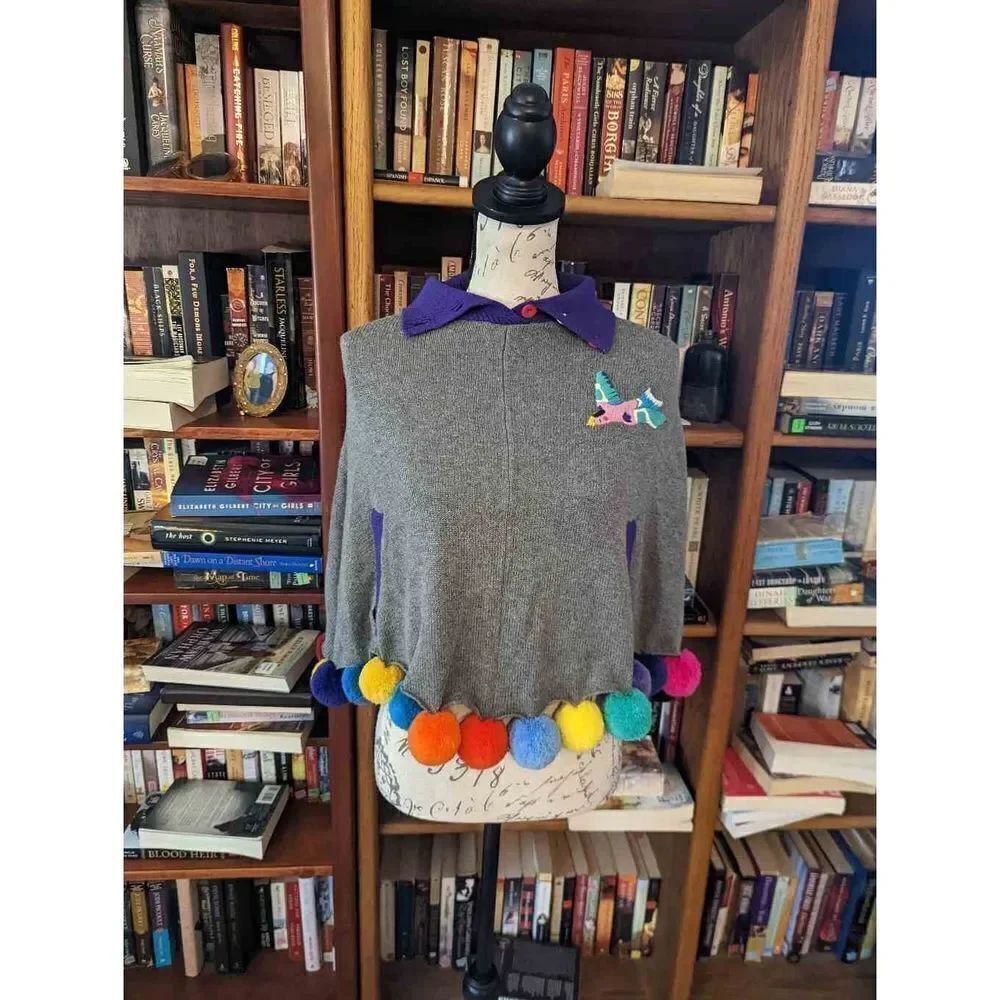 LOUIE Louis grey multicolored pom pom bird embroidered collared poncho wool x